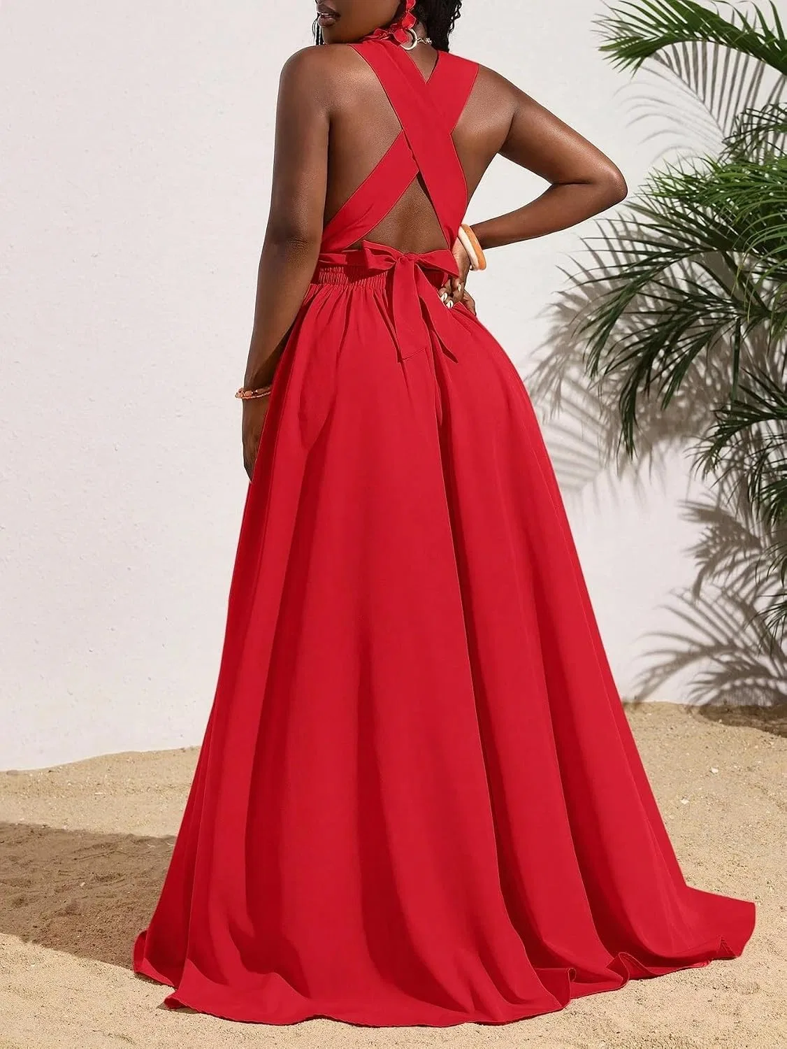 Женское макси платье на бретелях с открытой спиной Halter, Red — фото 2
