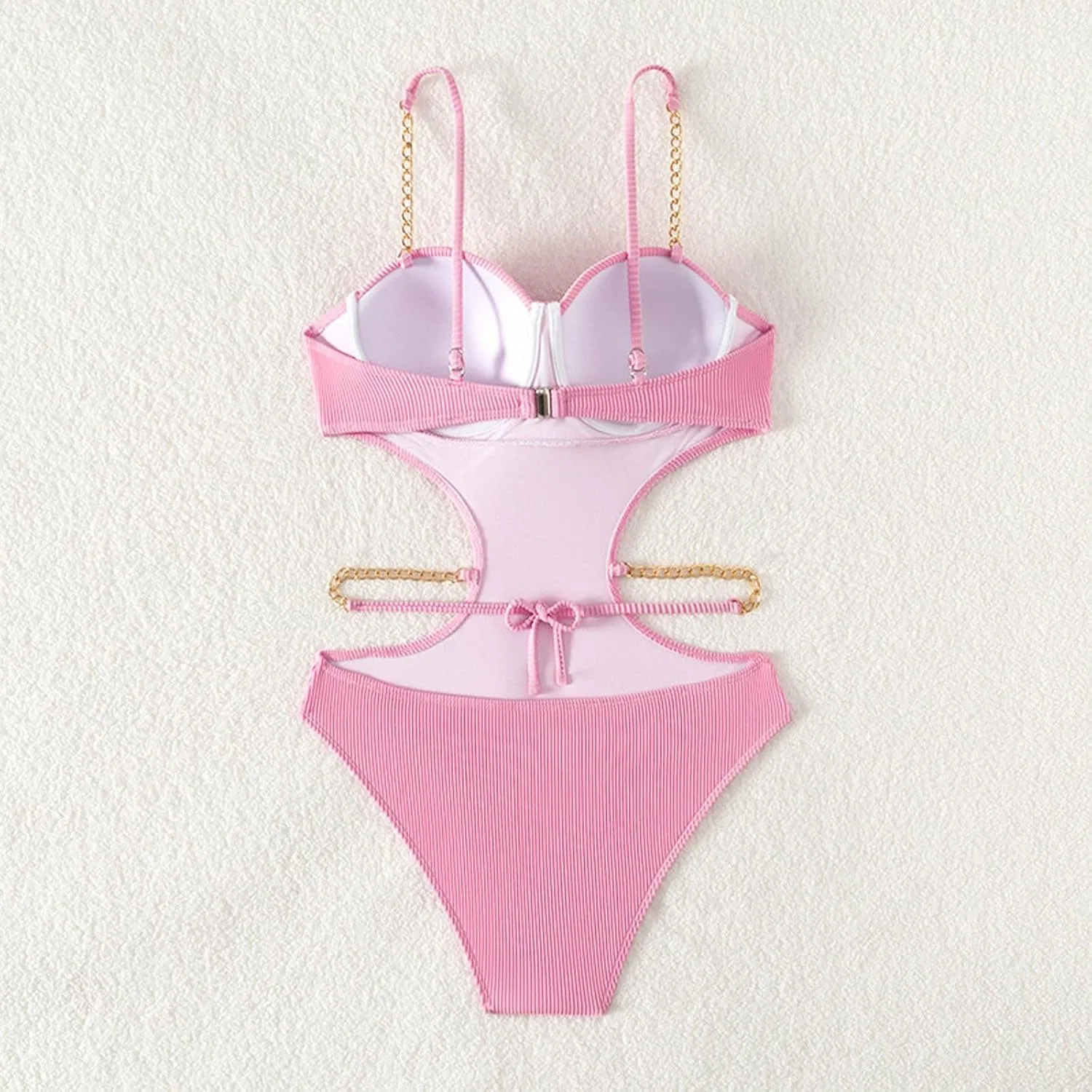 Женский цельный купальник с вырезами Monokini Ribbed High Waisted, Pink — фото 3