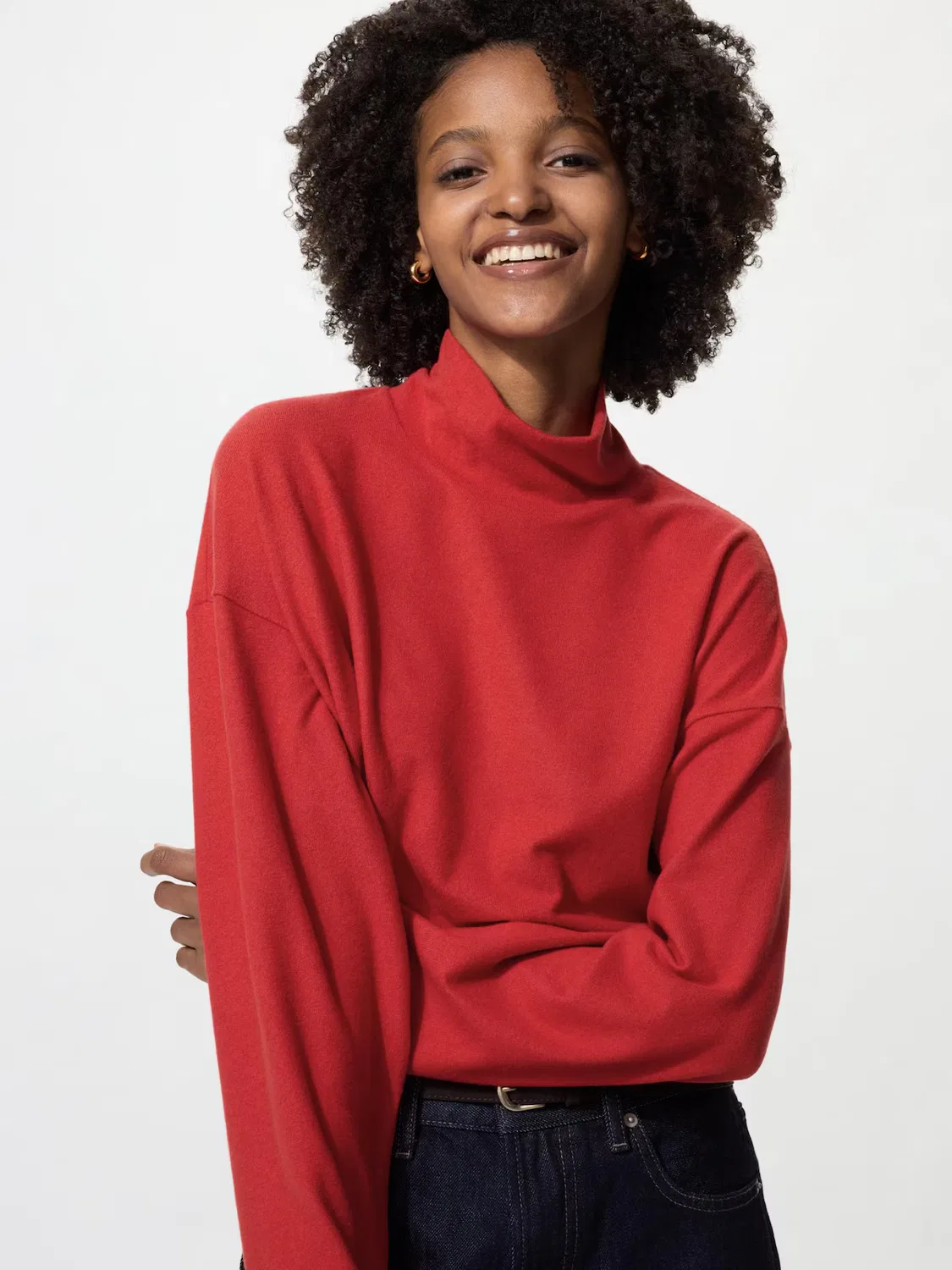 Футболка Uniqlo, трикотажная флисовая кофта с высоким воротником, красный