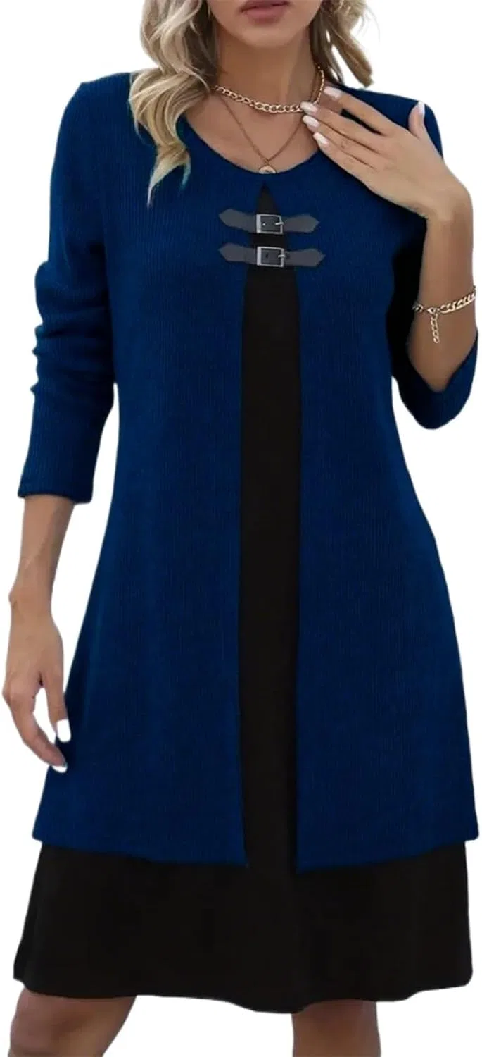 Женское A-силуэта платье с имитацией двух слоев, Navy Blue