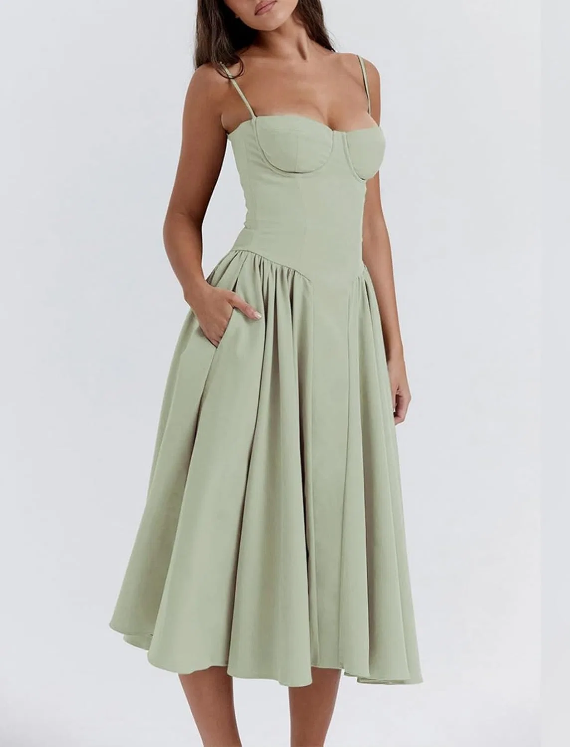 Женское корсетное миди-платье A-силуэта с плиссе, Light Green — фото 2