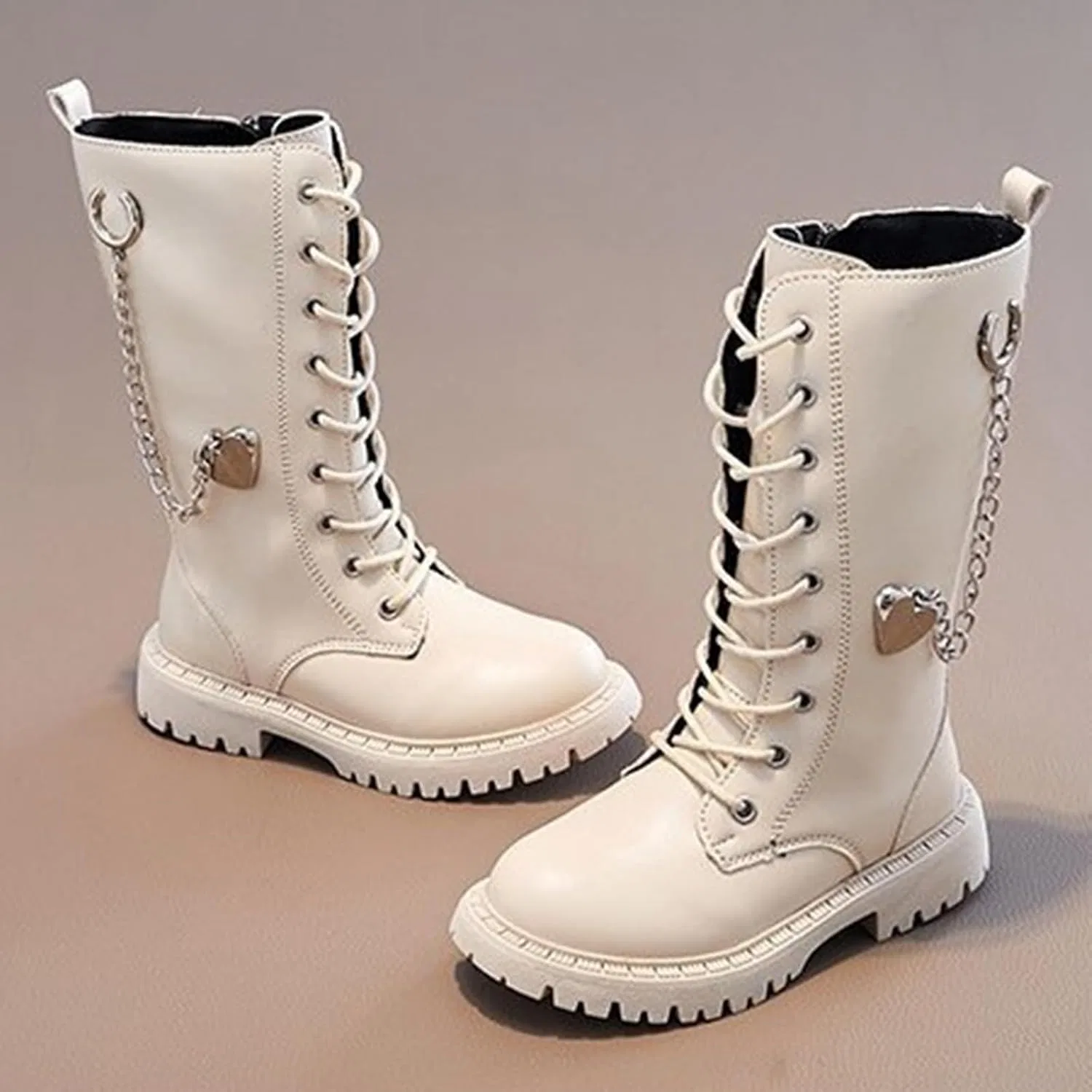Детские сапоги с принтом для девочек и мальчиков Cowboy Boots Lace Up Heart Chain Decor, White — фото 4