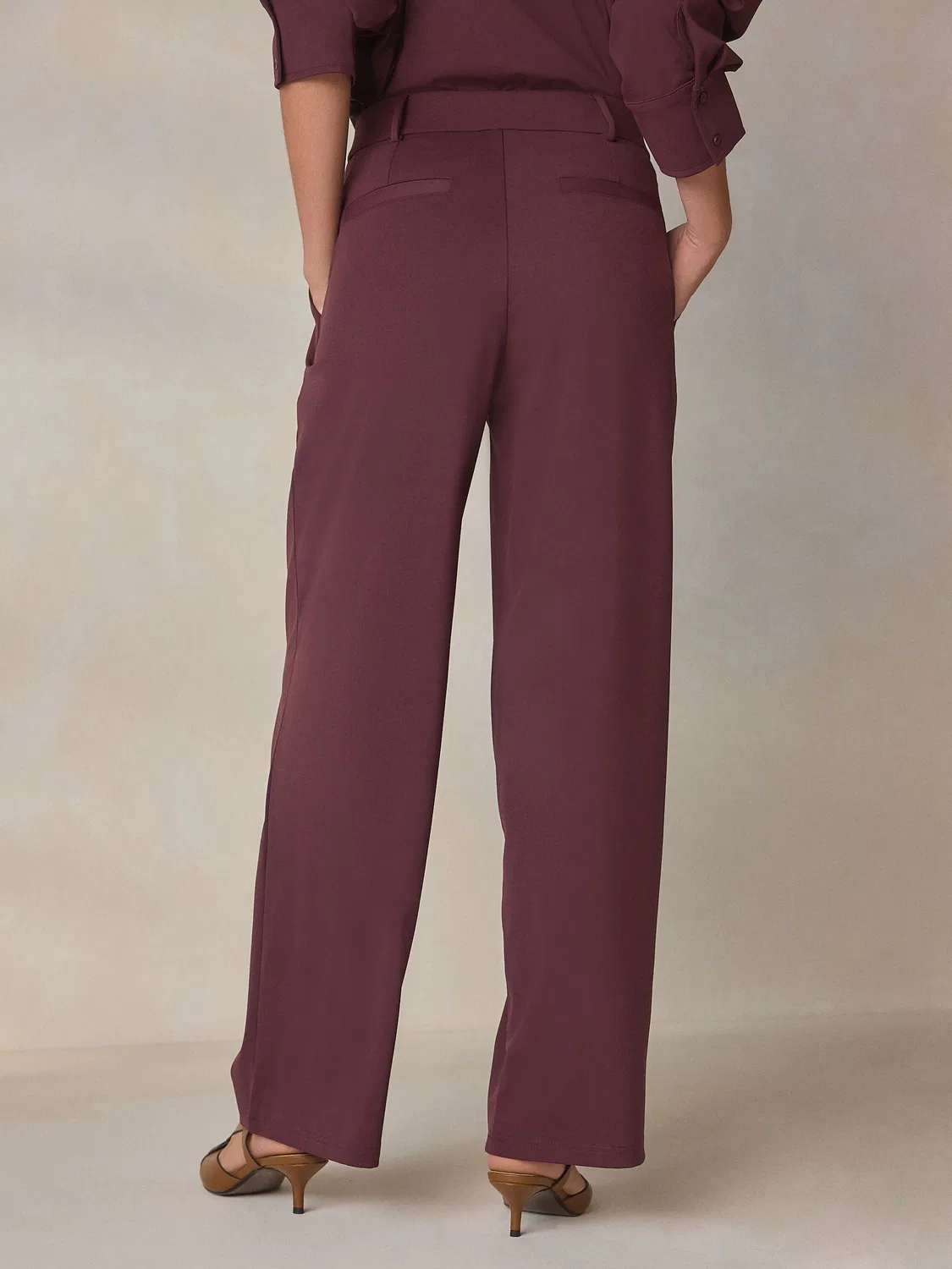 Брюки прямого кроя с защипами, Premium Wide Leg Tailored Jersey Next, Бургунди — фото 4