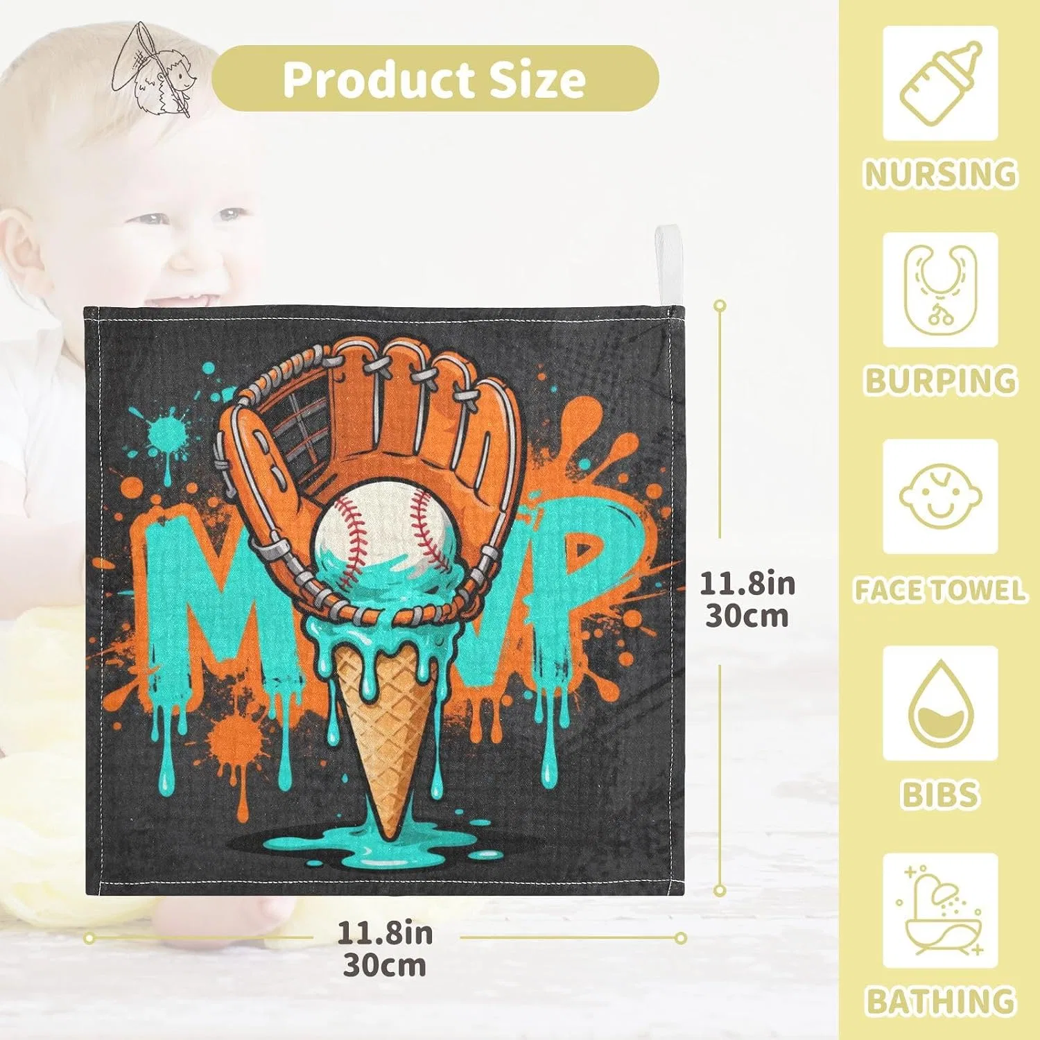 Мочалка из муслина, 4 слоя, GuoChe, 5 шт, 30x30 см, Baseball-handschuh Eiscreme-graffiti — фото 4