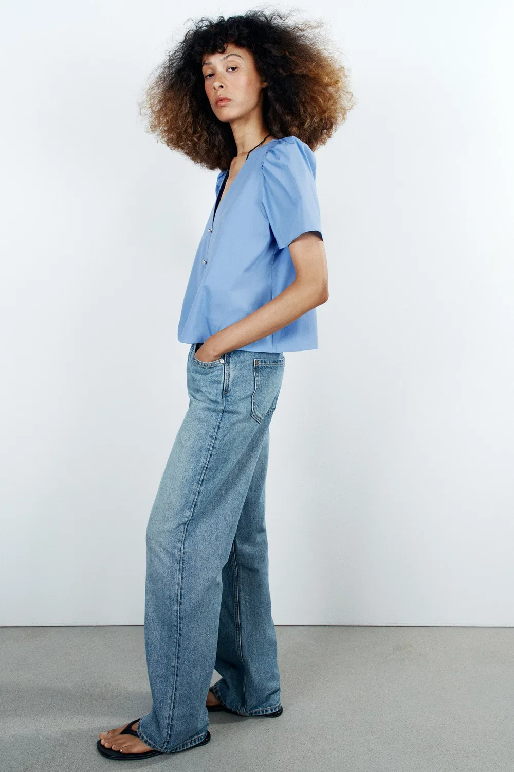 Топ из поплина с пуговицами из искусственного жемчуга ZARA, Sky blue — фото 4