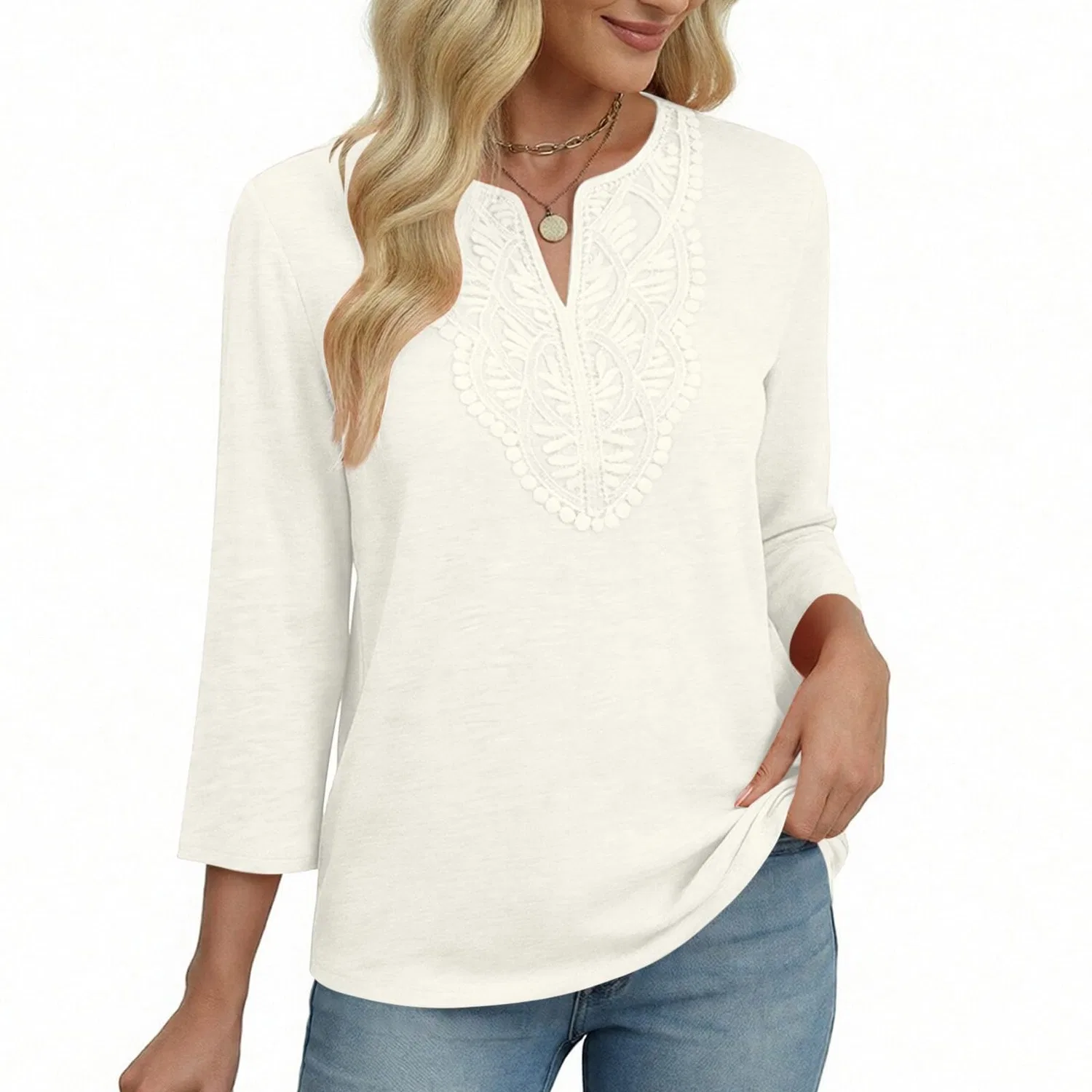 Женская льняная туника с вышивкой Retro 3/4 Sleeve Boho Casual Loose Fit Lightweight Summer Beach Blouse, C-beige — фото 2
