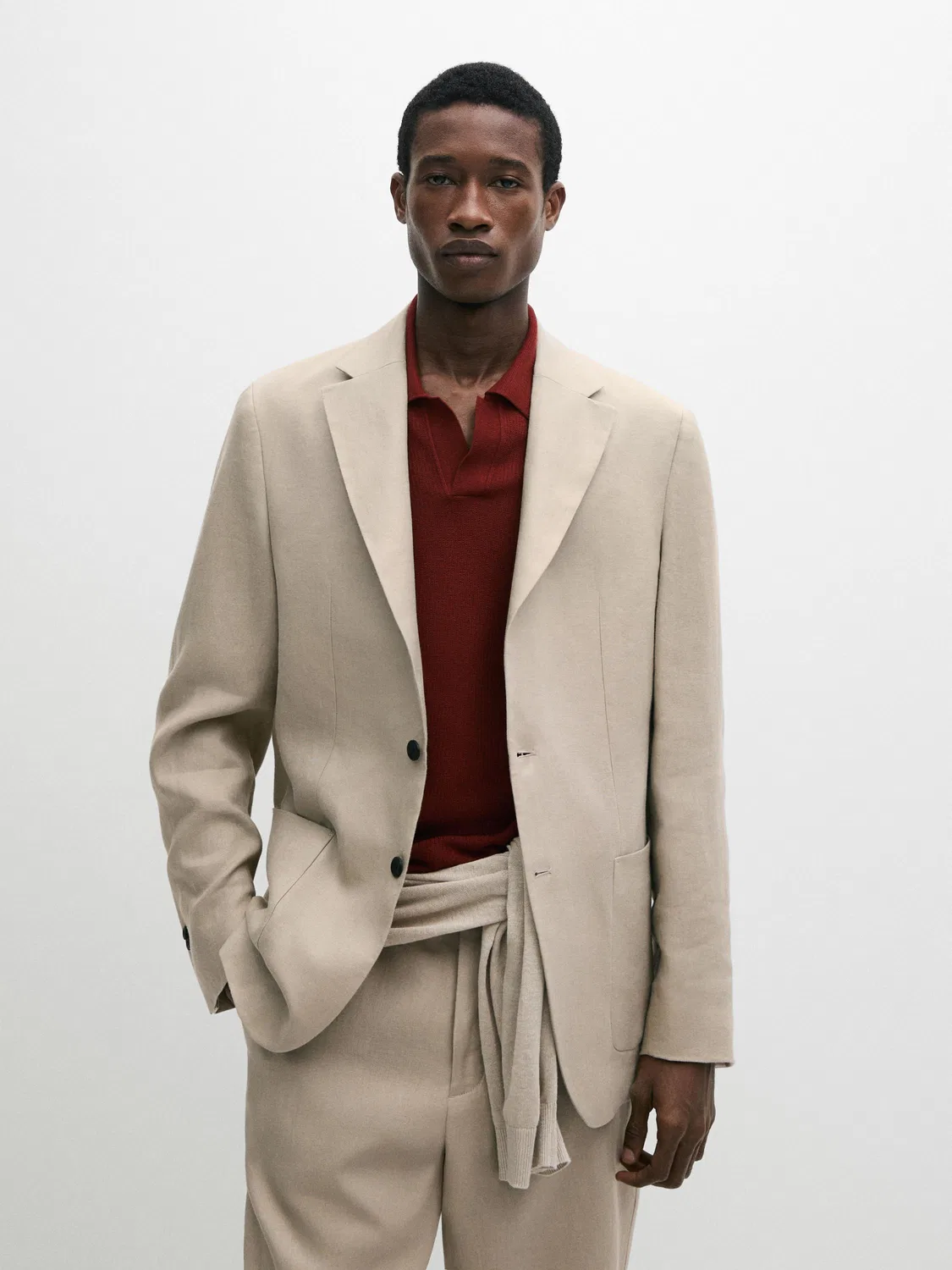 Блейзер из 100% льна Massimo Dutti, бежевый — фото 2