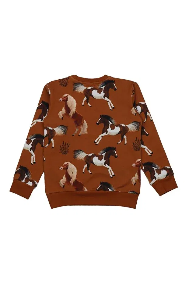Детские свитшот для девочек с принтом Cheerful Horses Patterned Organic Kids Sweatshirt Walkiddy, Brown — фото 2