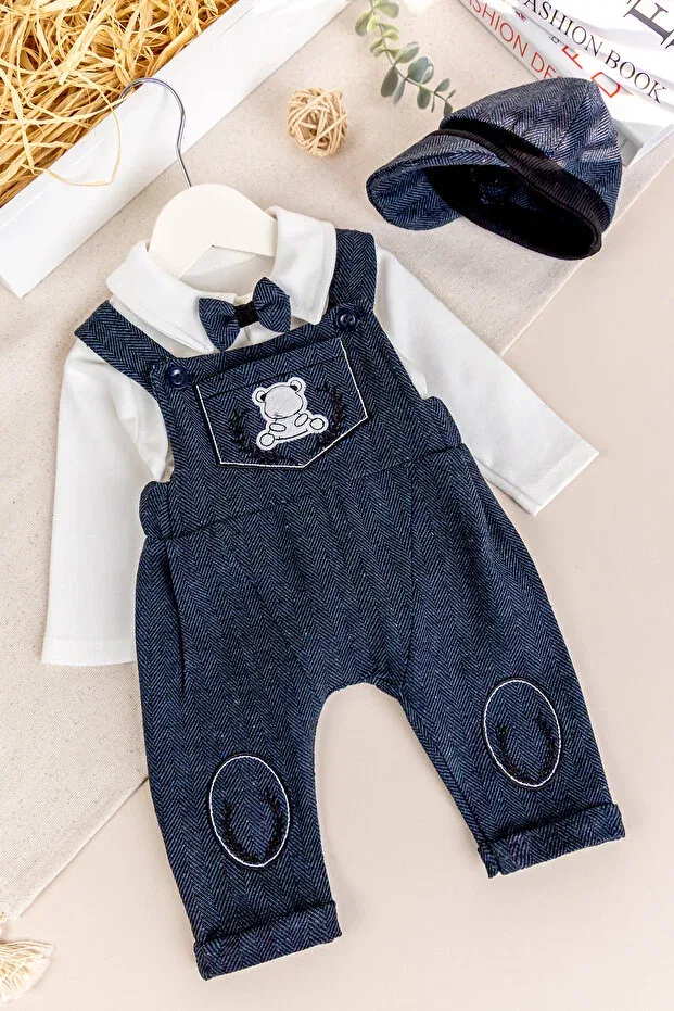 Детский комбинезон для мальчиков с принтом Baby boy salopet jumpsuit set with bow tie and cap Babymod, Navy Blue — фото 3