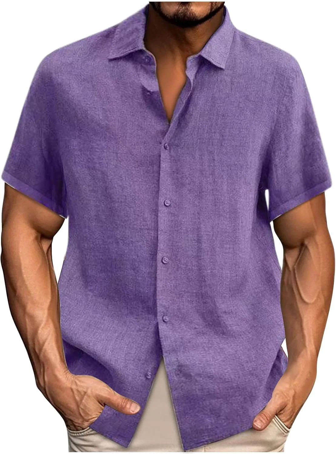 Мужская льняная футболка с воротником на пуговицах, Purple