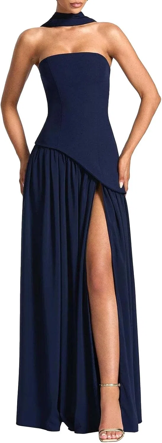 Женское вечернее платье из атласа с запахом, модель Elegant Satin Halter Gown, синий