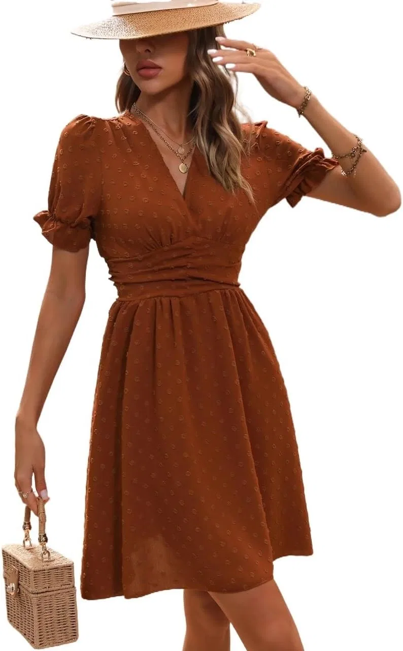 Женское повседневное платье с рюшами A-силуэта, Burnt Orange