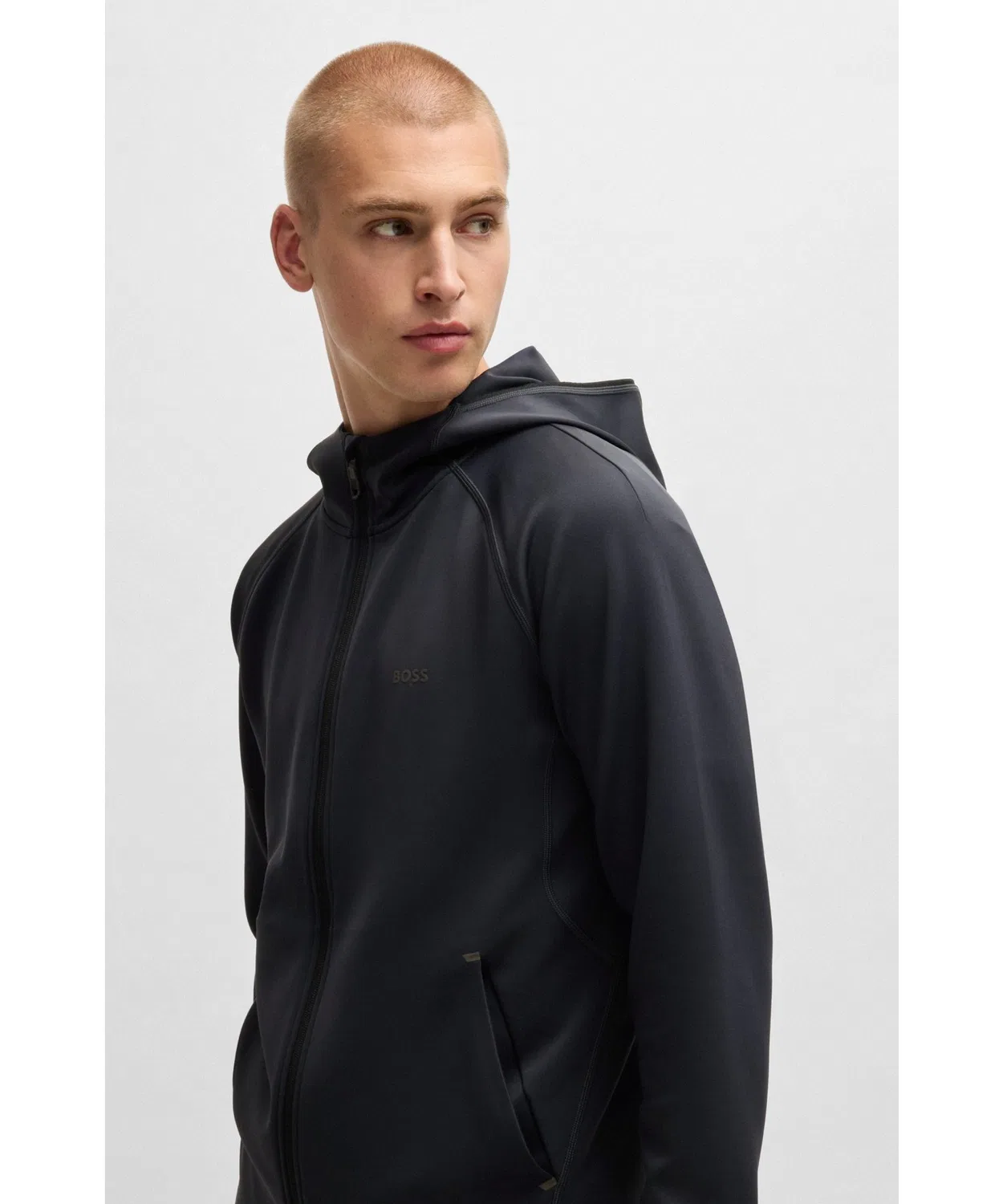 Мужской худи с принтом Active Stretch Zip Up Hoodie BOSS, Dark Blue — фото 3