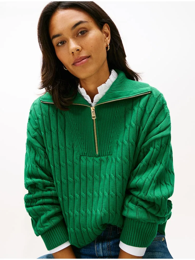 Свитер хлопковый кабельный полузастежка TOMMY HILFIGER, Green