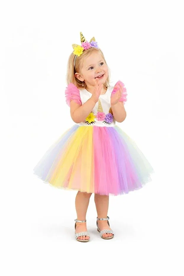 Детское платье для девочек с принтом Girl'S Crowned Dress With Colorful Tutu Skirt S.T. Sebat Tekstil, Pink — фото 3