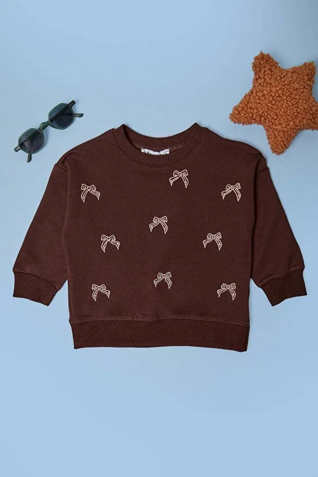 Детские свитшот для девочек с вышивкой бантом Fulla Moda, Brown — фото 2