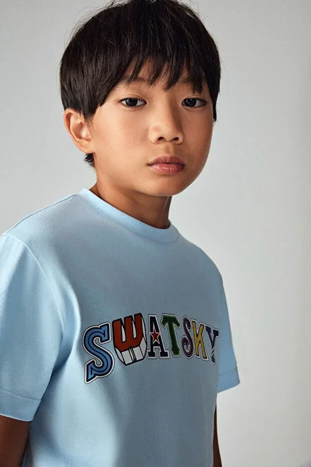 Детская футболка для мальчиков хлопковая Bg Store Boy's Light Blue T-Shirt 23pfwsw1568 Swatsky, Light Blue — фото 4
