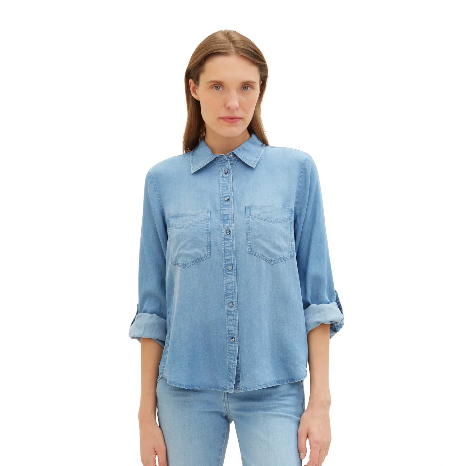 Женская джинсовая блузка с Lyocell и отложным воротником Tom Tailor, Clean Mid Stone Blue Denim