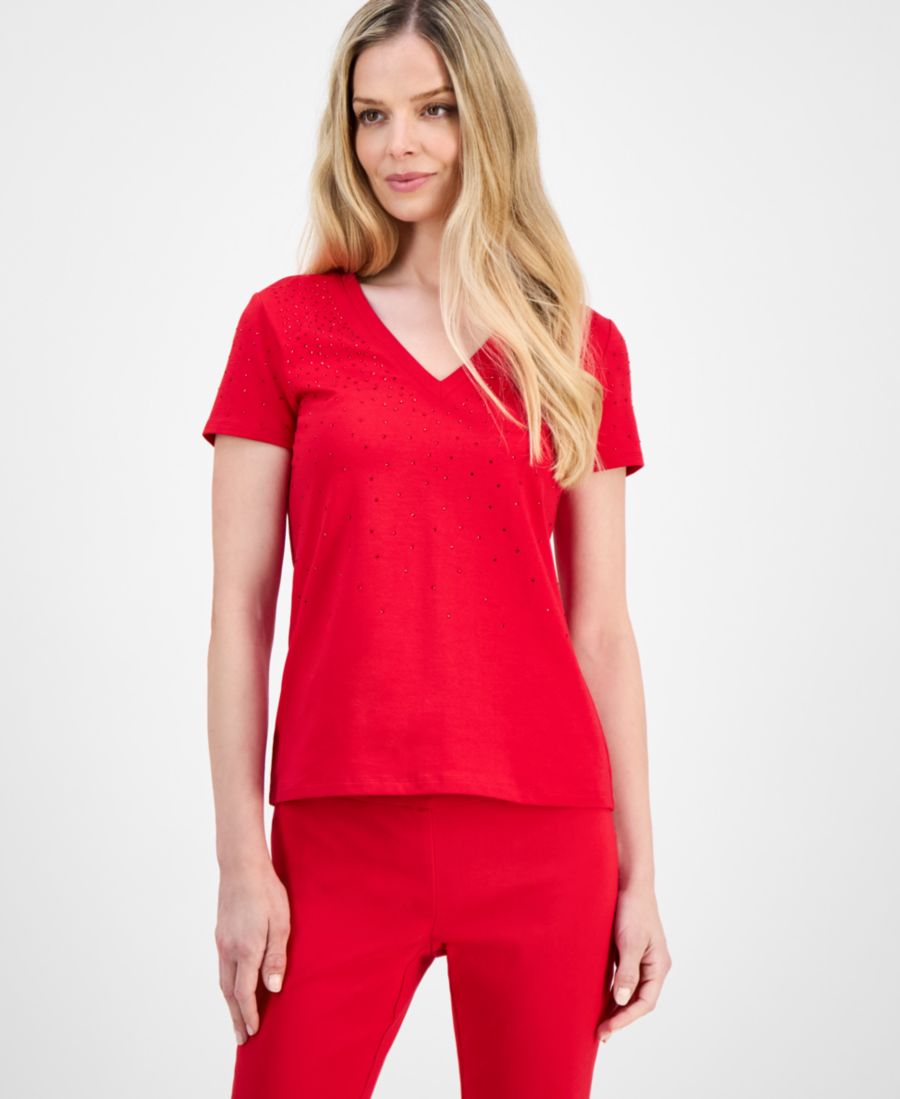 

Укороченная футболка с V-образным вырезом и декором, эксклюзивно для Macy's INC International Concepts, Real Red, Красный, Укороченная футболка с V-образным вырезом и декором, эксклюзивно для Macy's INC International Concepts, Real Red