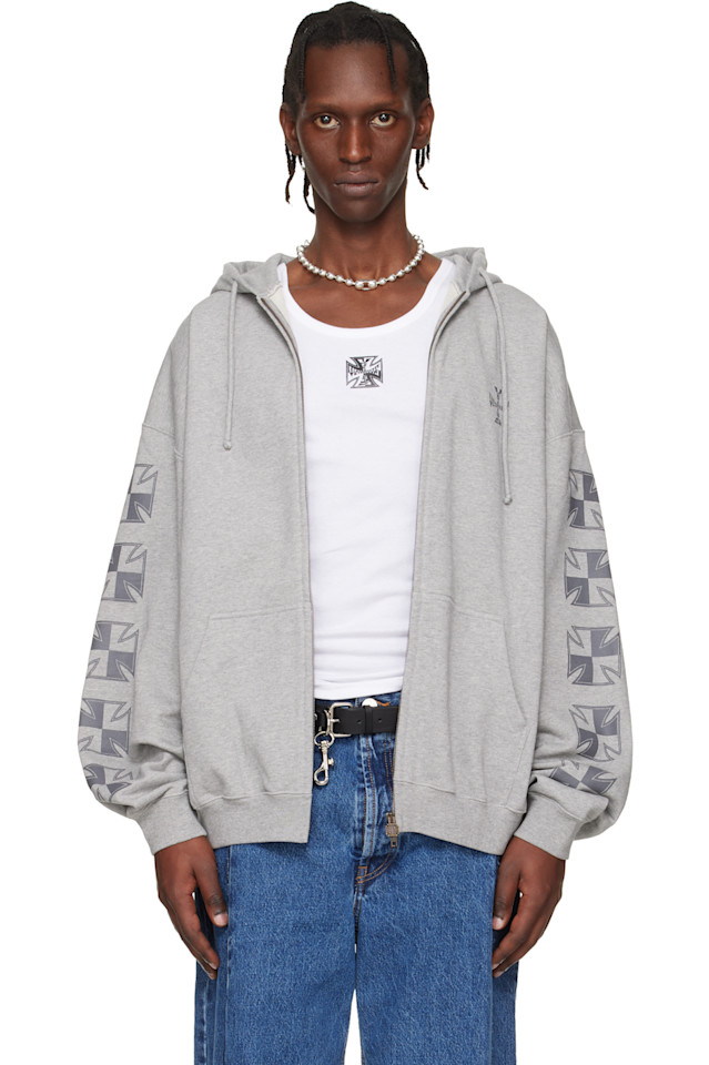 

Vetements Серая байкерская толстовка с перекрестными рукавами и застежкой-молнией