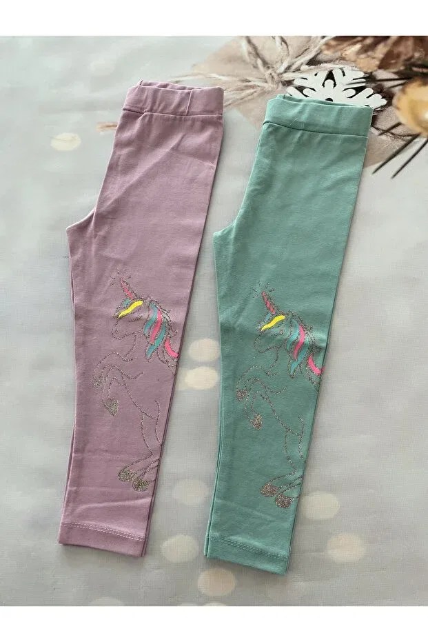 Детские леггинсы для девочек с принтом Girl'S unicorn printed combed cotton leggings 2-piece Mini Kids Baby, Mint Lilac