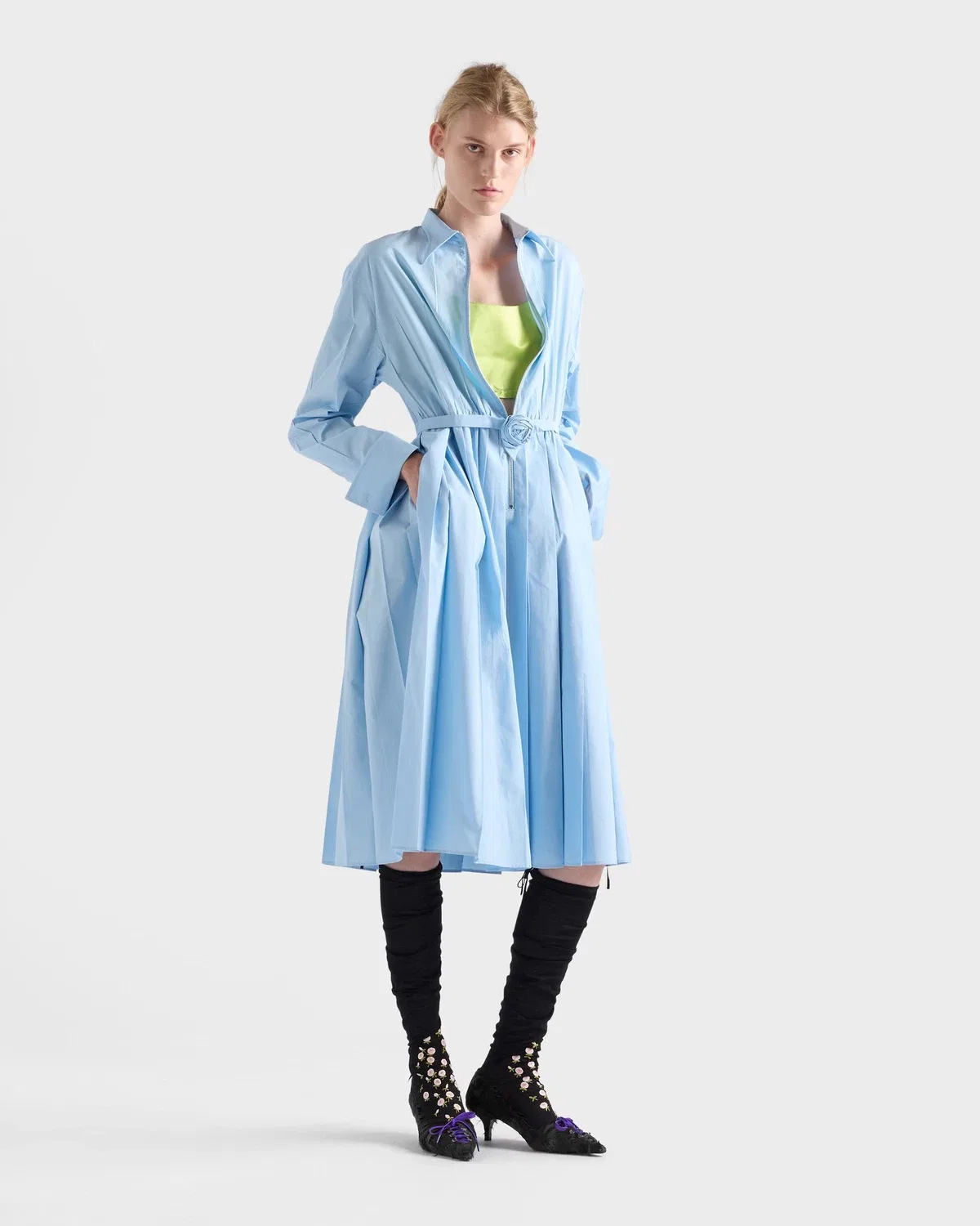 Платье из хлопкового поплина с рубашечным воротником Prada, голубой — фото 2