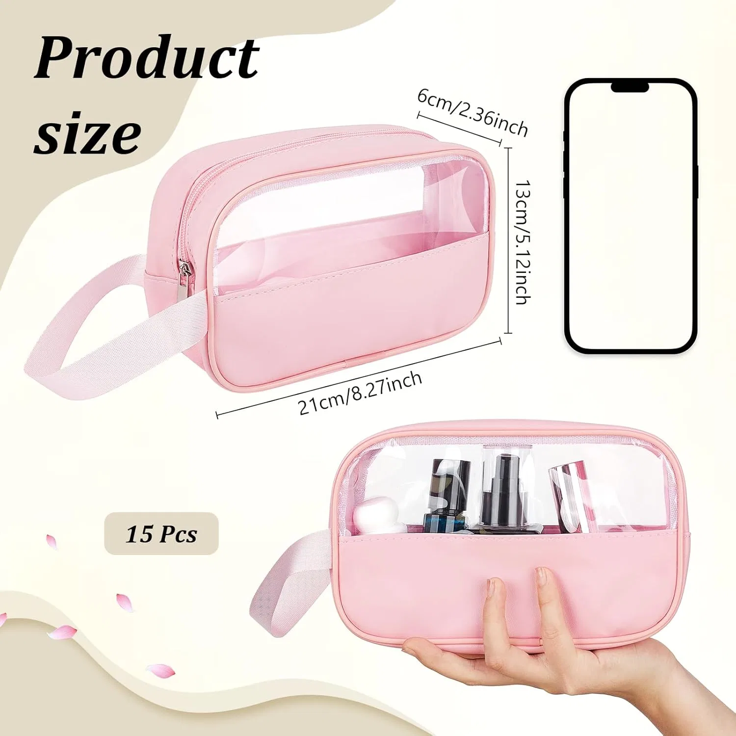 Прозрачная косметичка для путешествий, набор 15 шт, INTERWARM, 21x13x6 см, Rosa — фото 2