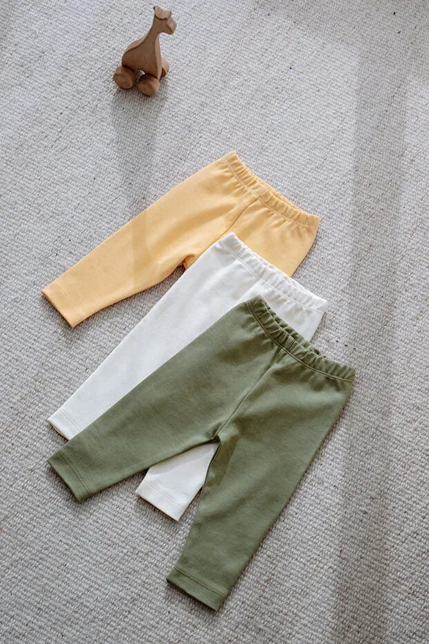 Детские леггинсы для девочек хлопковые комплект 3 шт Frelida Baby & Kids, Ecru Yellow Green — фото 3