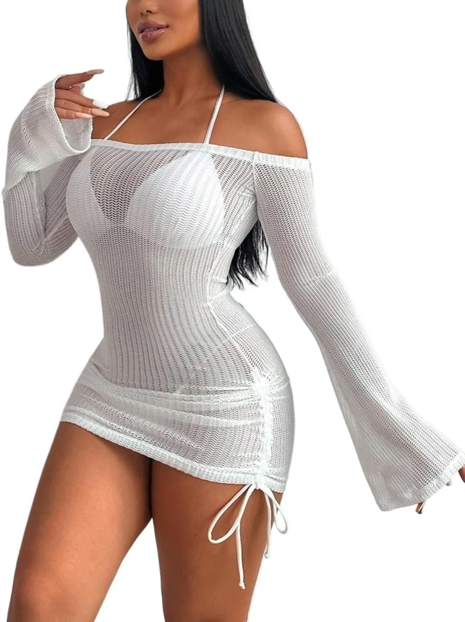 Женский пляжный халат с длинным рукавом, White