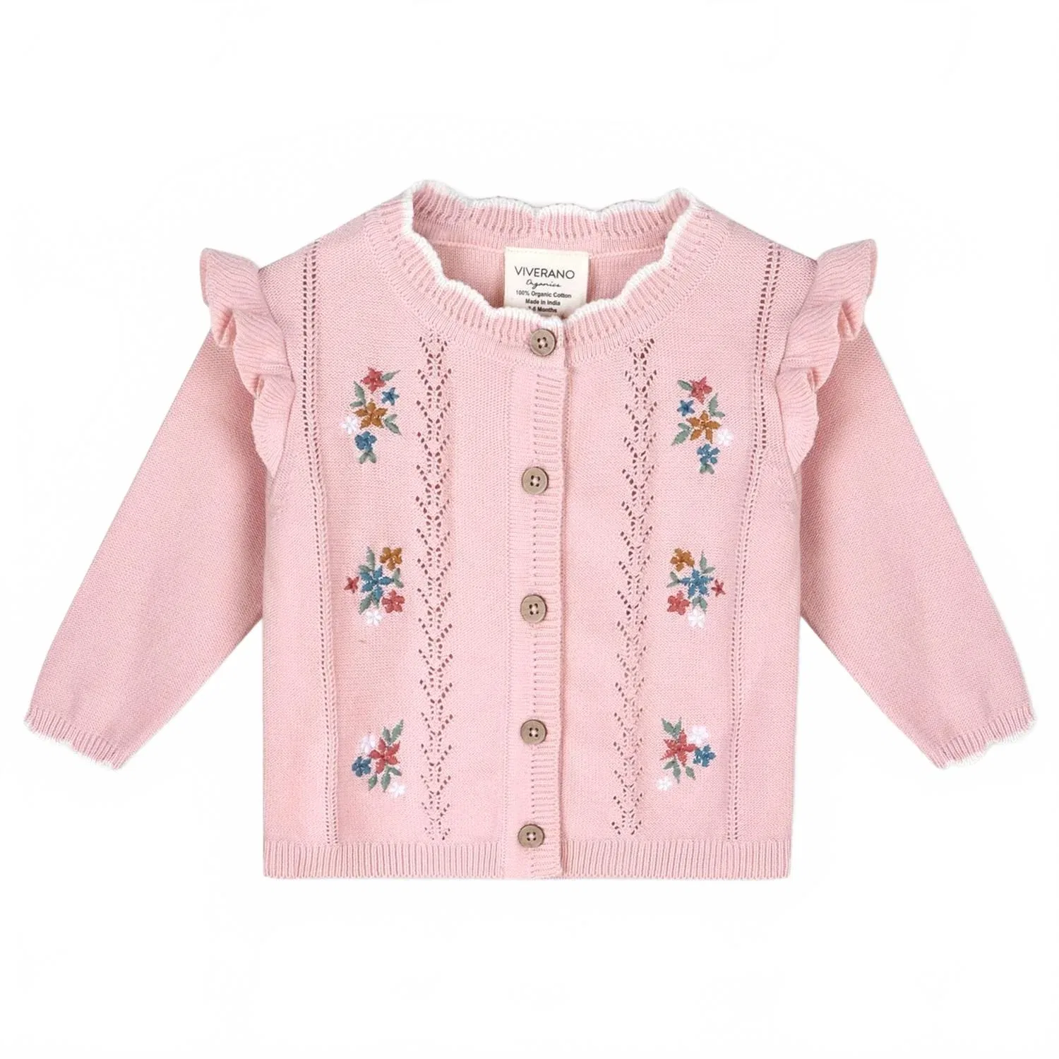 Детский кардиган для девочек с вышивкой цветов Bouquet Embroidered VIVERANO Organics, розовый