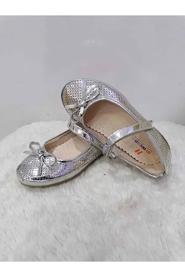 Детские балетки для девочек с блестящими отверстиями Özgür Kids, Silver — фото 2