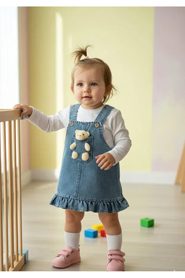 Детский комплект платьев из денима Teddy bear jean dress 2-piece set Lisaloom, Blue — фото 3