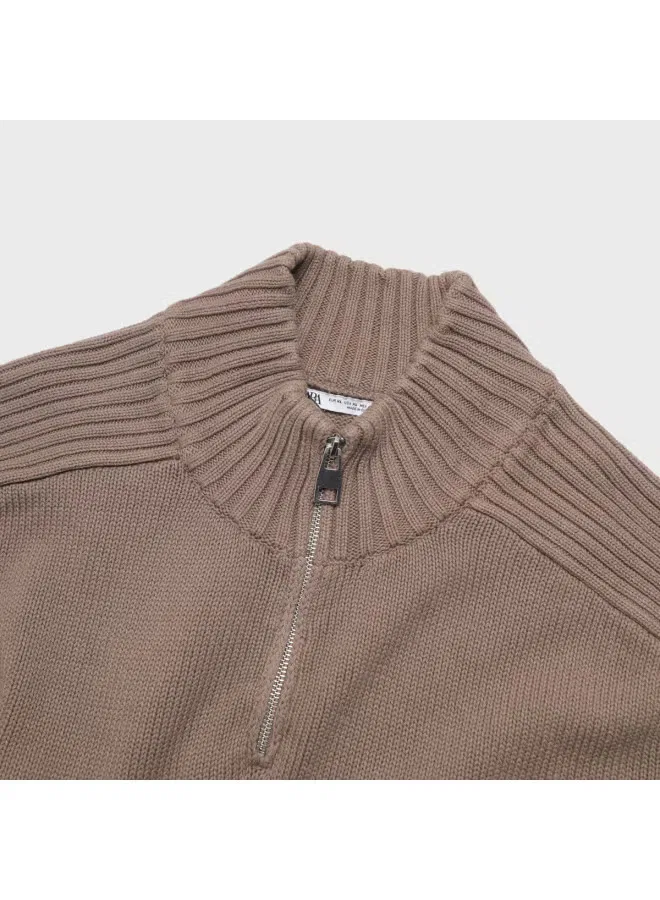 Пуловер вязаный с длинным рукавом на половину молнии Zara, коричневый — фото 4