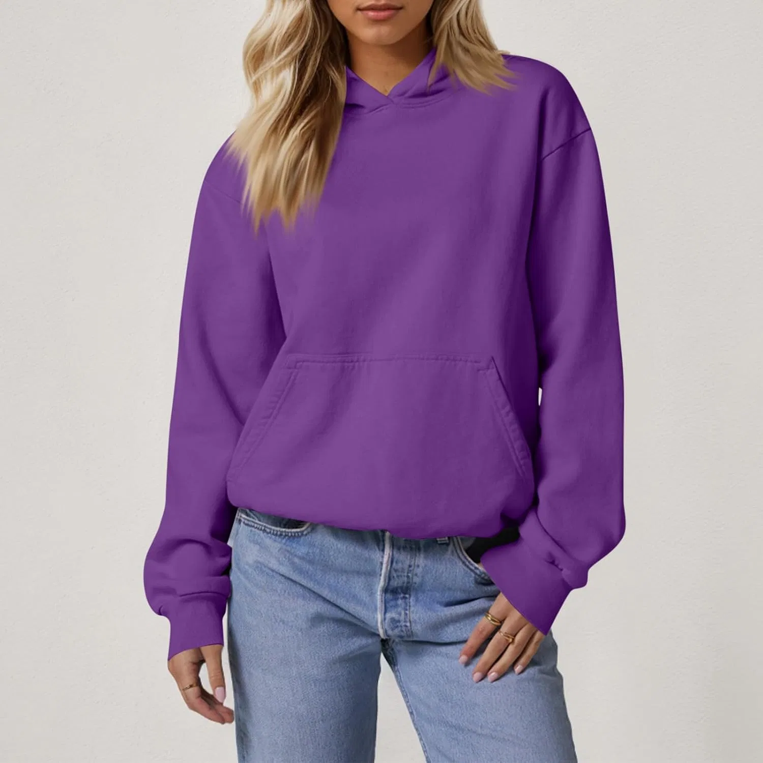 Женский свитшот с капюшоном, однотонный, с карманом, Women's Hoodies, длинным рукавом, 2-Purple — фото 2