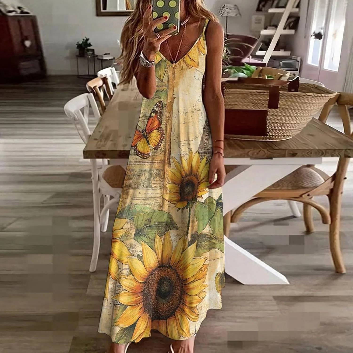 Женское свободное платье на бретелях с башней Эйфеля и подсолнухами, Style — фото 2