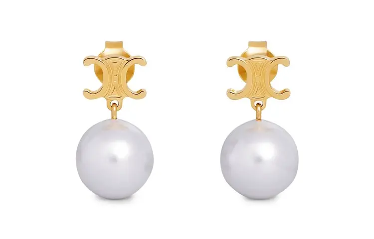 Серьги Les Perles из латуни с золотым покрытием и стеклянным жемчугом CELINE — фото 3