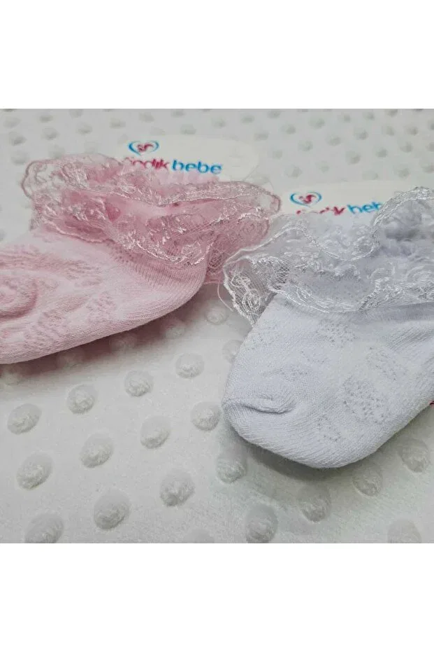 Детские носки с кружевом 3 пары Sundan hazelnut cotton lace baby socks Berkay, Pink White Cream — фото 3