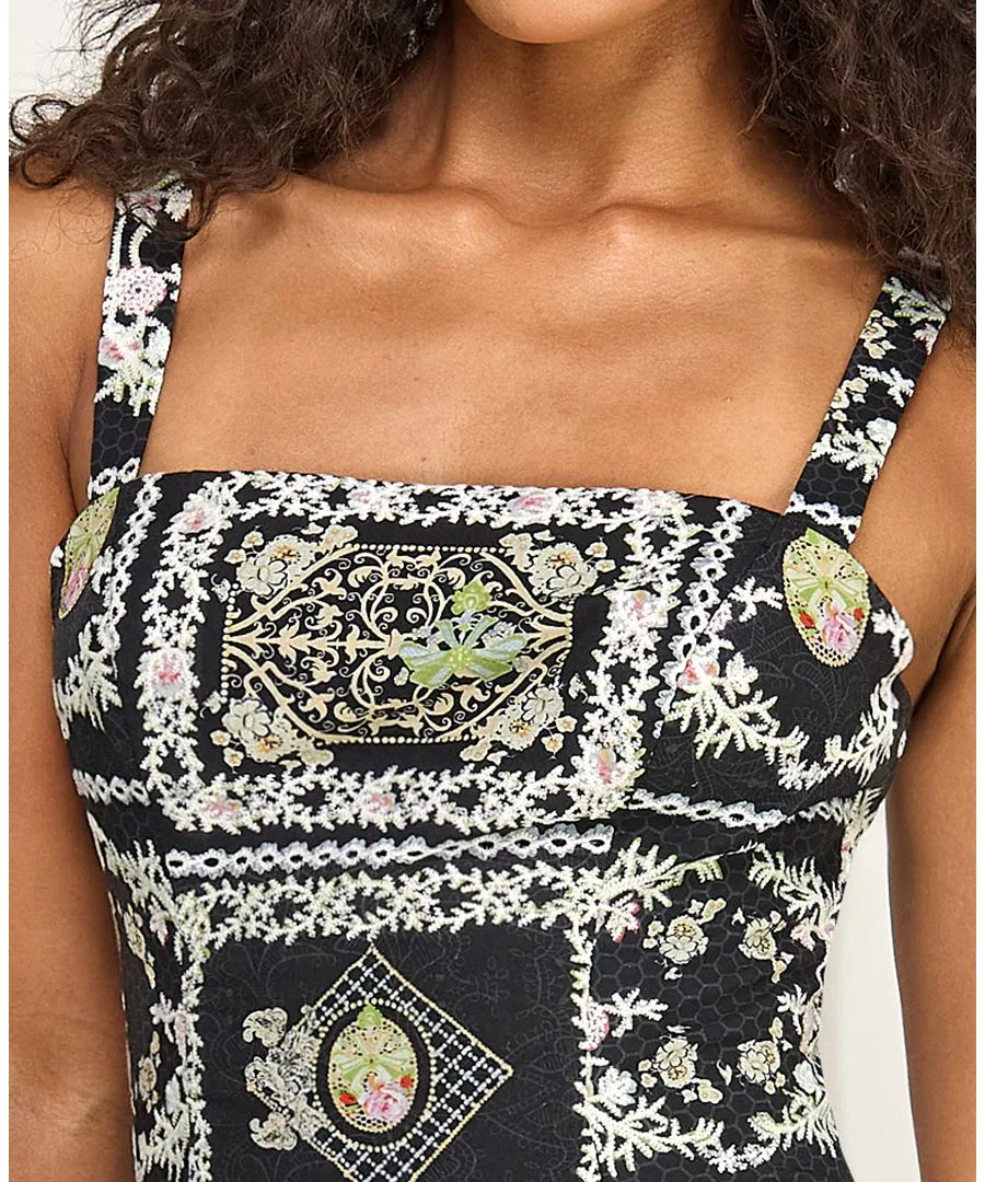 Платье короткое с квадратным вырезом, принт, модель Printed Square Neck Eyelet Drop Waist SENI & CADE, Black Multi — фото 4
