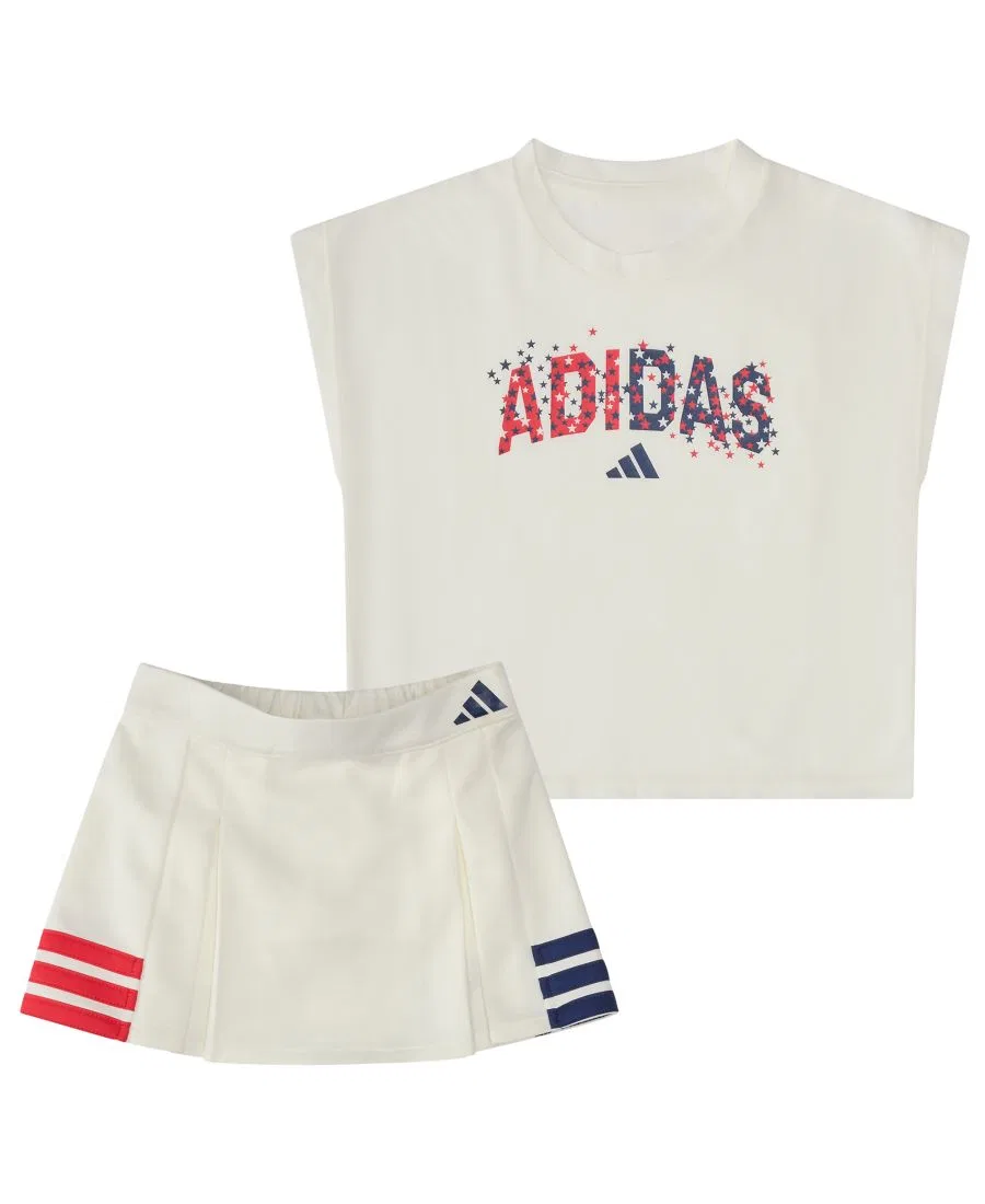Комплект из футболки без рукавов и плиссированной юбки-шорт adidas, Off White