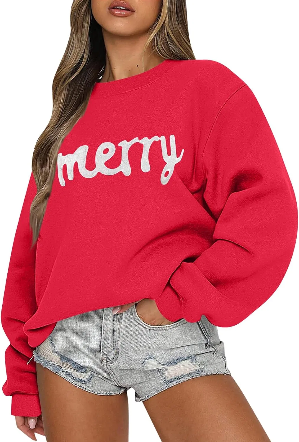 Женский свитшот с принтом Merry And Bright, длинным рукавом, красный — фото 2