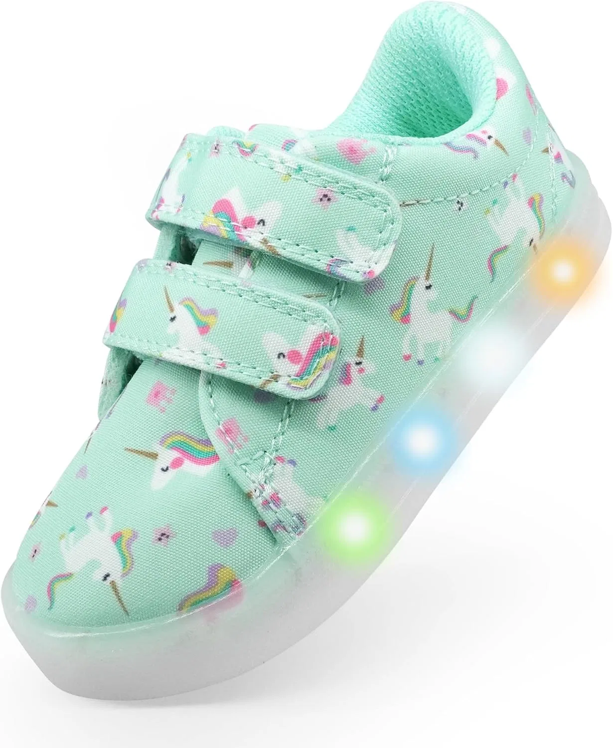 Детские кроссовки для девочек со светящейся подошвой Vivaki YESKIS, Mint Green Unicorn Light Up Shoes