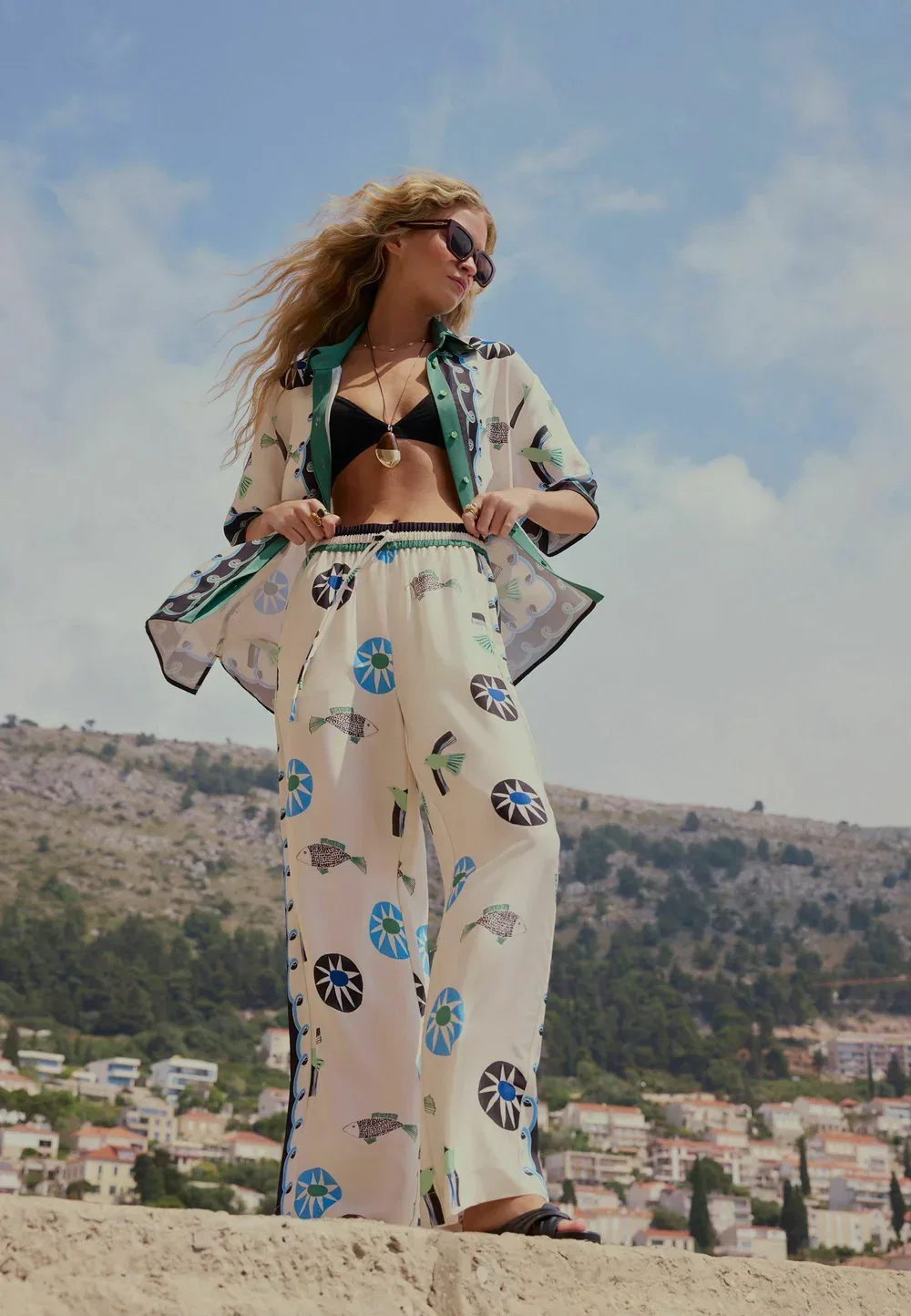 Брюки из атласной саржи стандартного кроя Next, White Blue Green Abstract Border Print