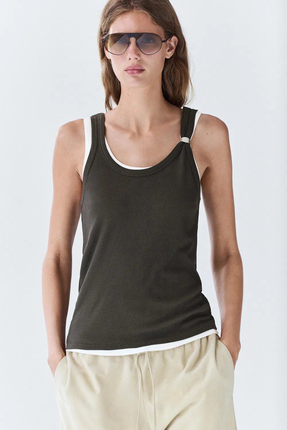 Топ Massimo Dutti Double-Layer Strappy With Jewel Detail, коричневый