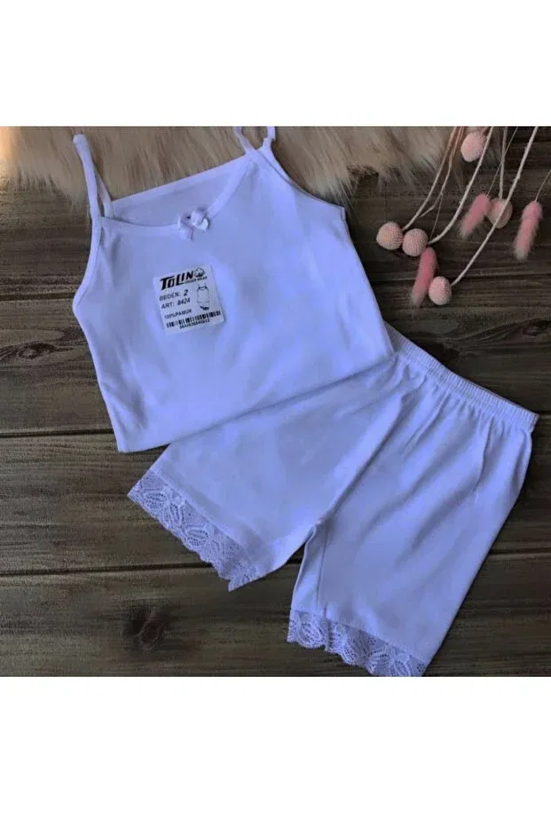 Детский комплект нижнего белья для девочек с кружевом 100% Cotton Girl's White Lace Shorts Undershirt Set 8424 Tolin, White