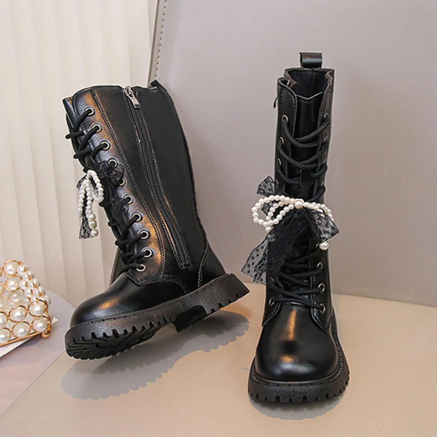 Детские ботинки на шнуровке с молнией, модель Combat Boots, Black — фото 3