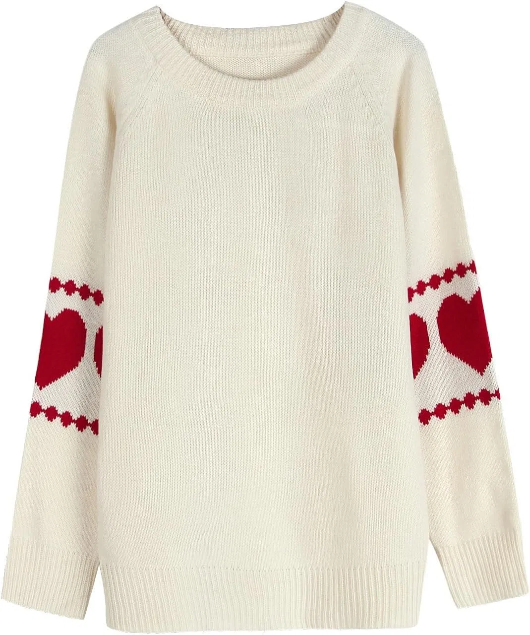 Женский свитер свободного кроя с принтом, Cozy Knit Sweater with Red Heart Elbow Patches — фото 3