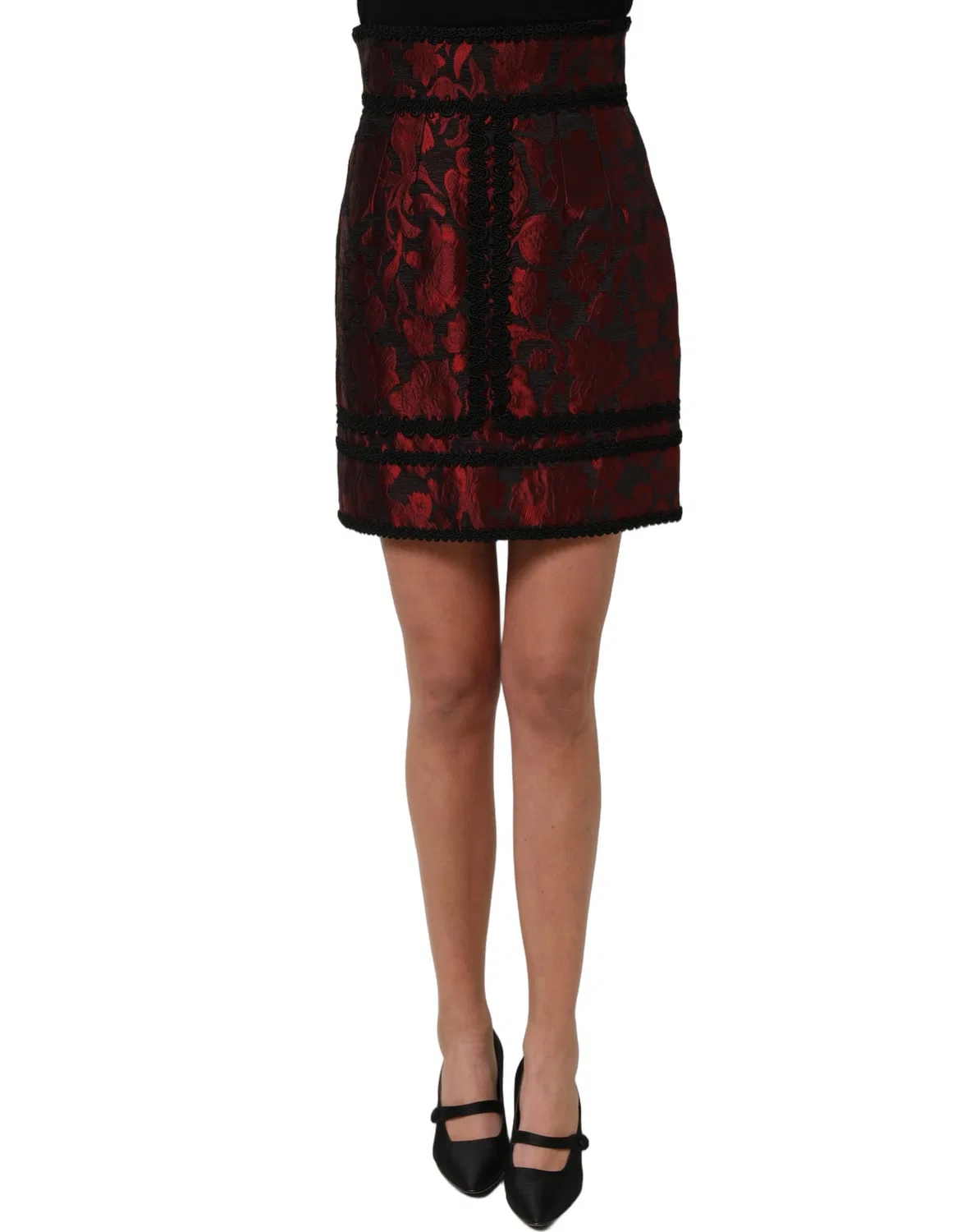 Женская мини-юбка с цветочным жаккардовым узором Red Black Floral Lace Jacquard Dolce & Gabbana, Red — фото 2