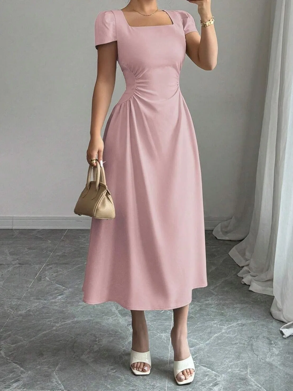 Женское элегантное платье A-силуэта с коротким рукавом, Pink — фото 3