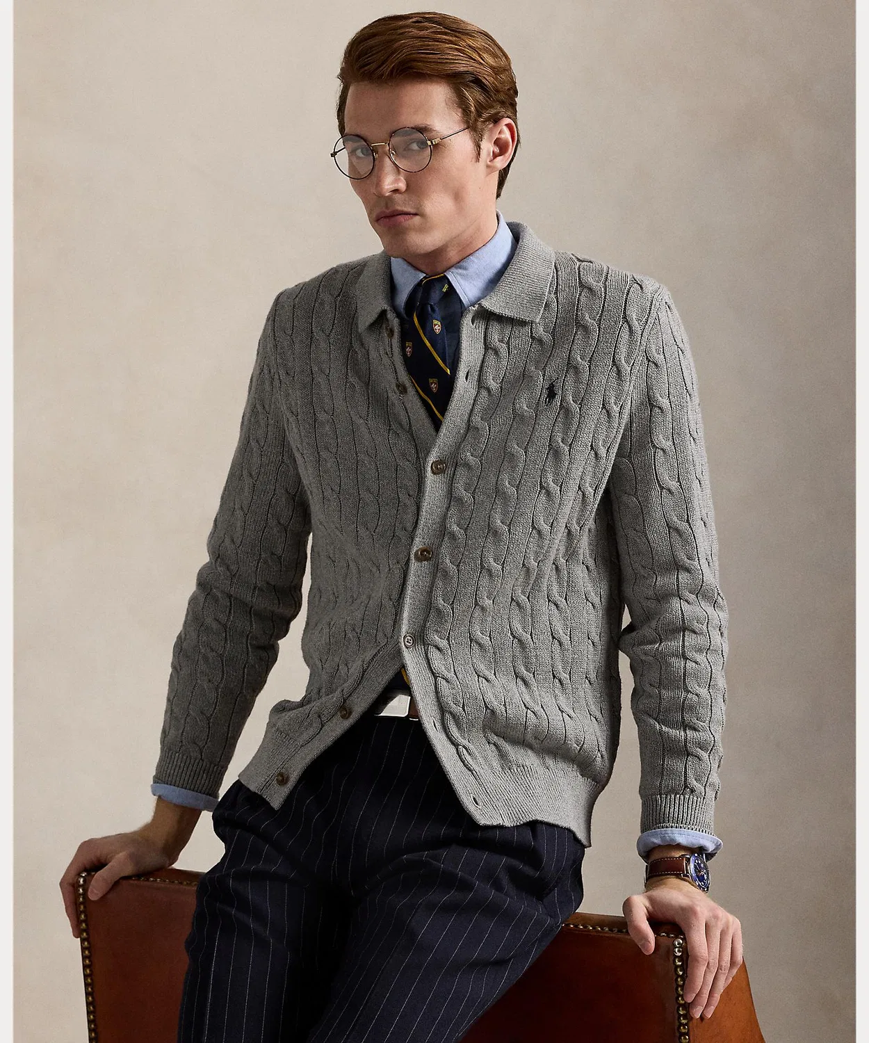 Мужской хлопковый кардиган с длинным рукавомCable Knit Cotton POLO RALPH LAUREN, Серый
