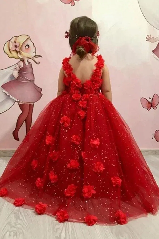 Детское платье для девочек из фатина с принтом Crowned Red Rose Miço Kids, Red — фото 2